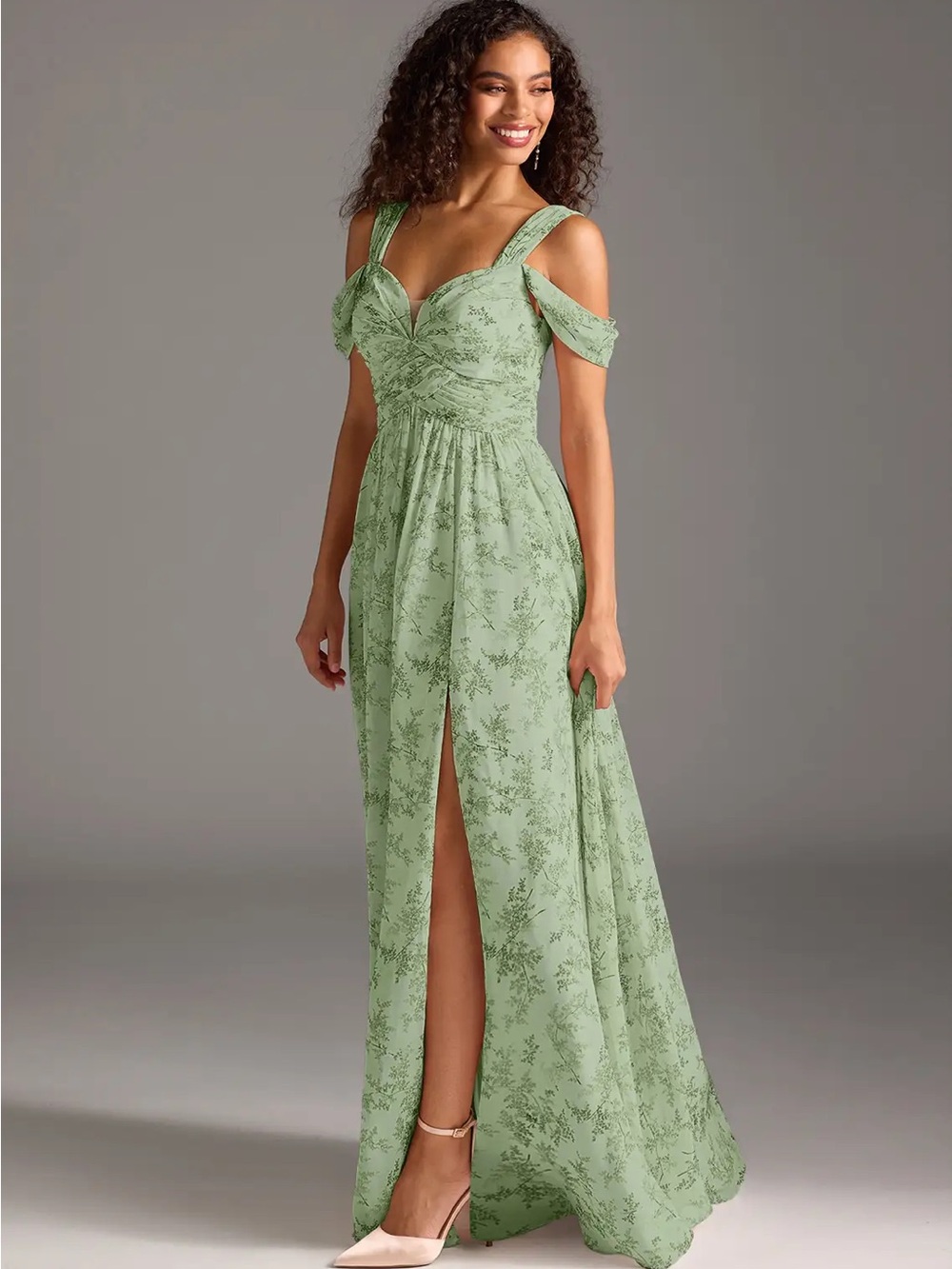 Azazie Lianne Green Fern Floral A-Line Off the Shoulder Chiffon Dress